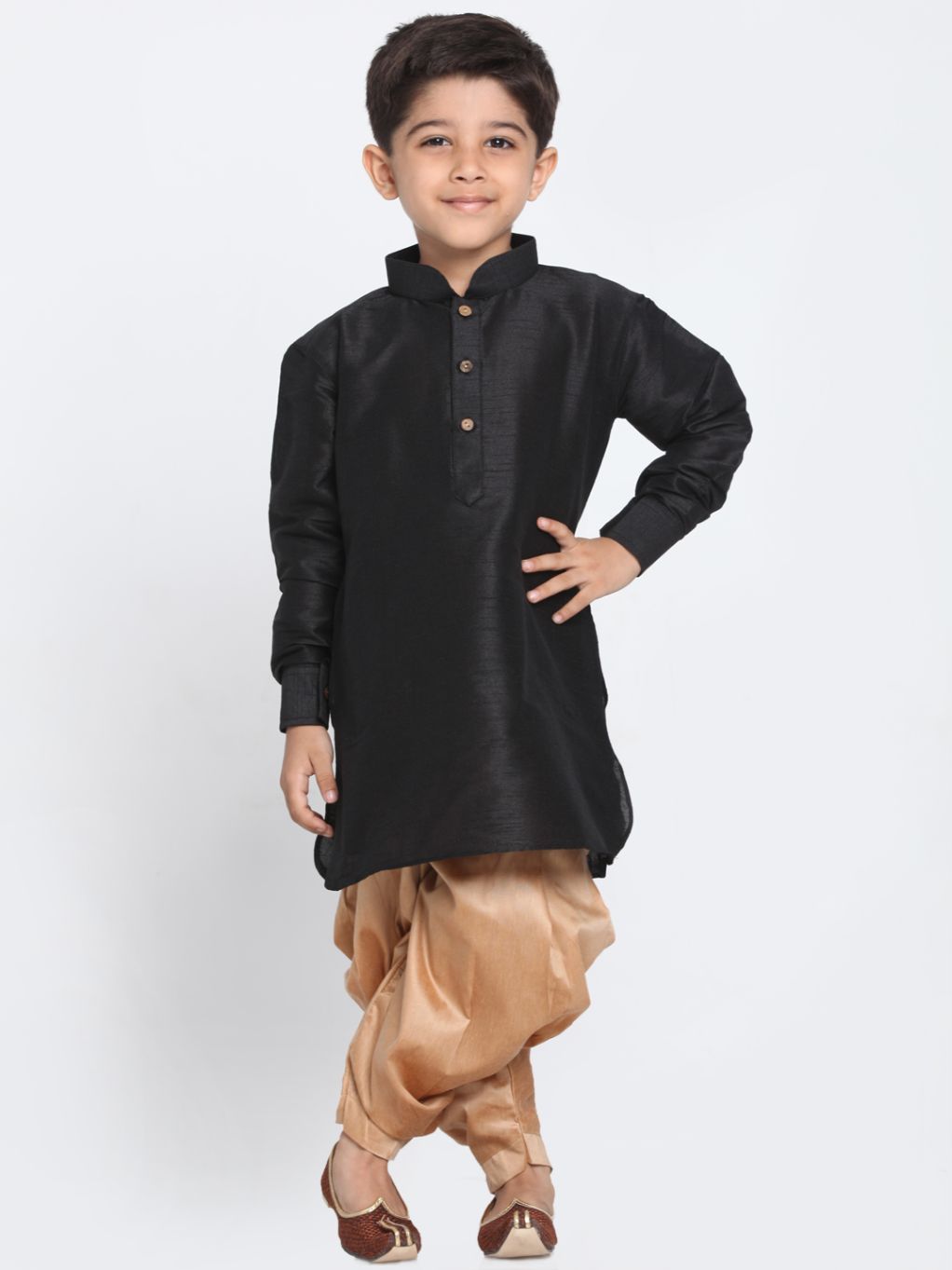 Vastramay Boys' Black Cotton Silk Blend Kurta and Dhoti Pant Set