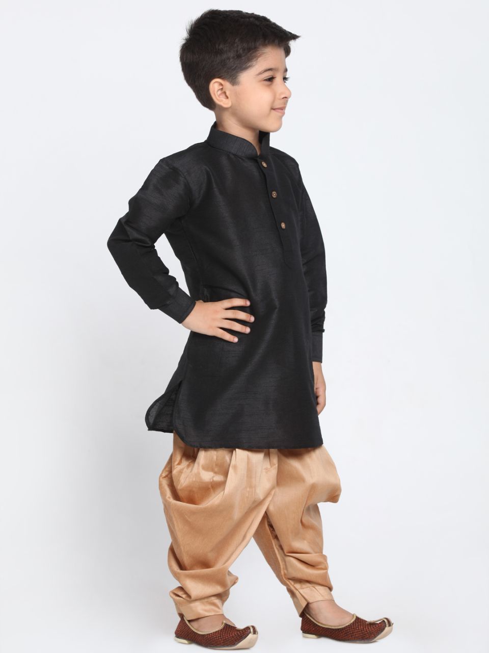 Vastramay Boys' Black Cotton Silk Blend Kurta and Dhoti Pant Set