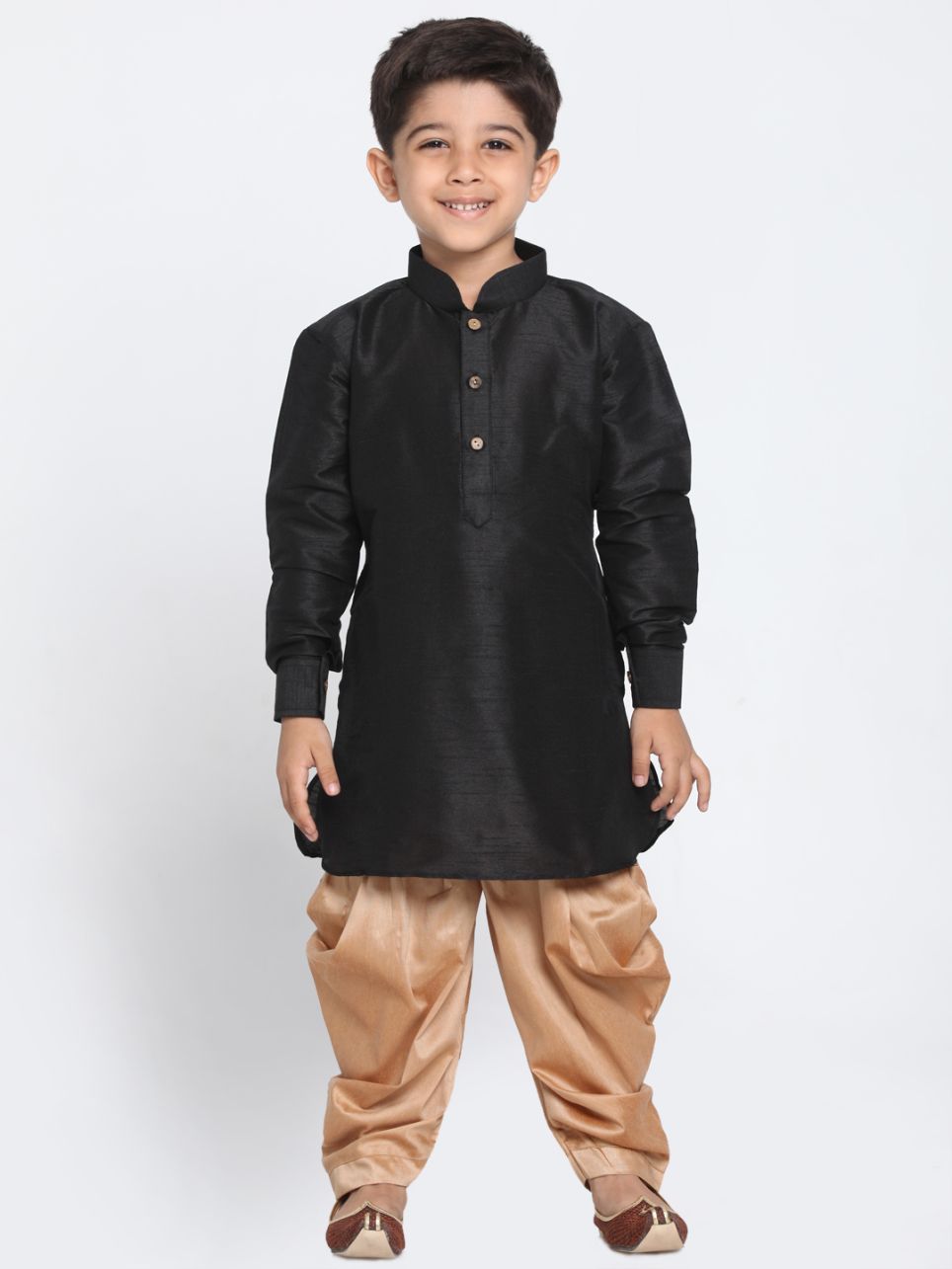 Vastramay Boys' Black Cotton Silk Blend Kurta and Dhoti Pant Set