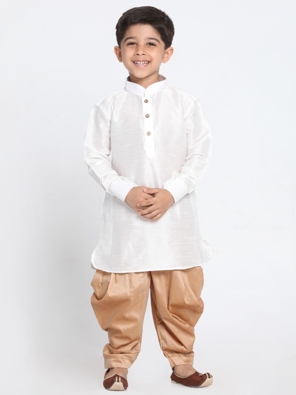 Vastramay Boys' White Cotton Silk Blend Kurta and Patiala Pant Set