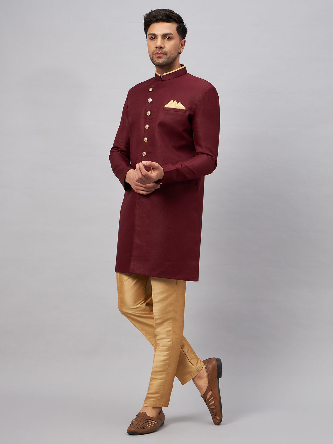 VASTRAMAY Men's Maroon Indo Western Set