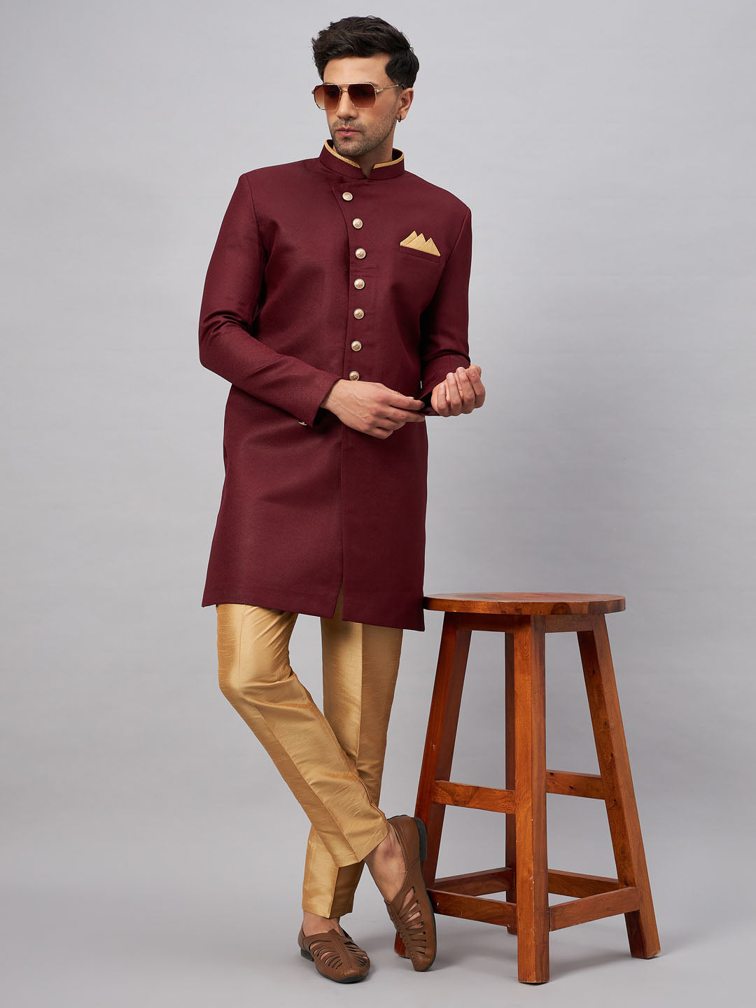 VASTRAMAY Men's Maroon Indo Western Set