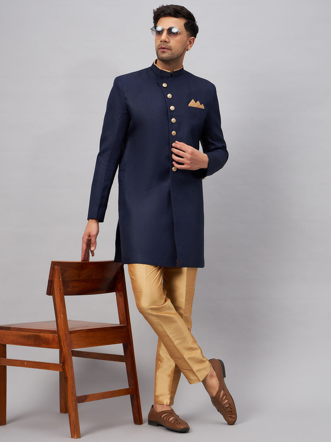 VASTRAMAY Men's Navy Blue Indo Western Set