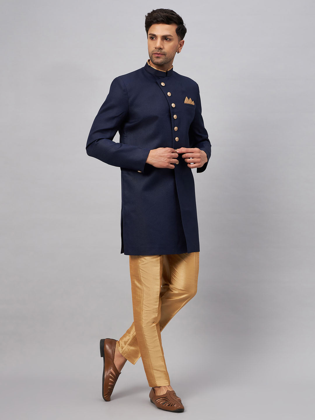 VASTRAMAY Men's Navy Blue Indo Western Set