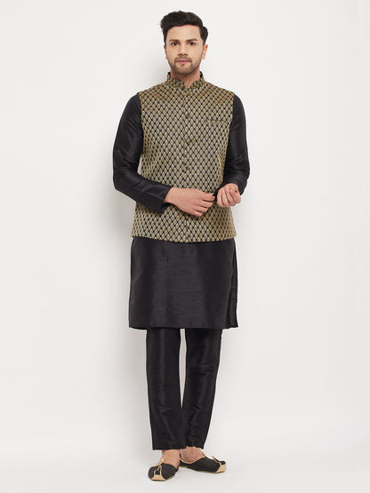 VM BY VASTRAMAY Men's Black Silk Blend Jacket With Kurta Pant Set