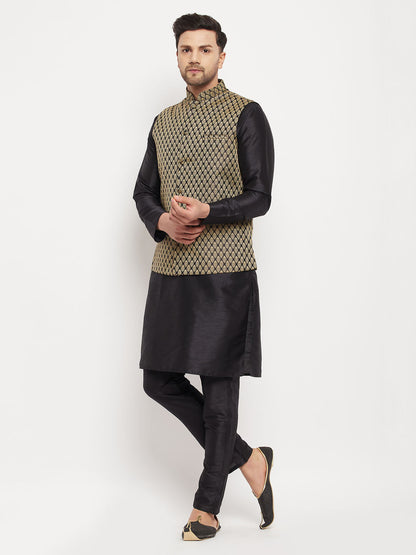 VASTRAMAY Men's Black Silk Blend Jacket With Kurta Pant Set