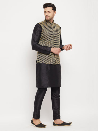 VASTRAMAY Men's Black Silk Blend Jacket With Kurta Pant Set