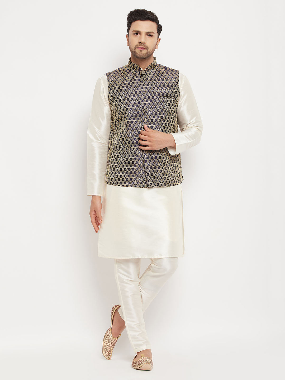 VASTRAMAY Men's Blue Silk Blend Jacket with Kurta Pant Set