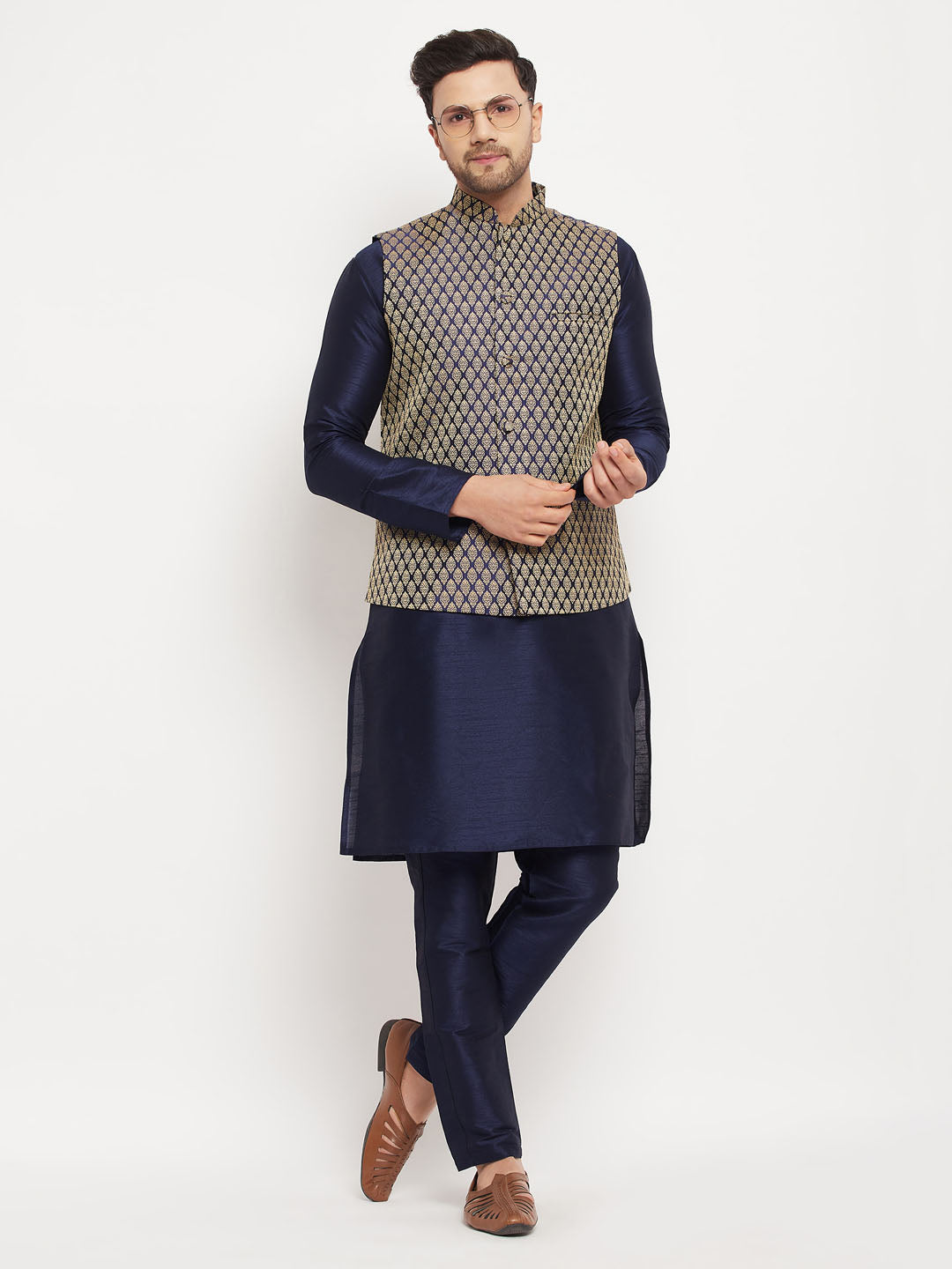 VM BY VASTRAMAY Men's BlueSilk Blend Jacket With Kurta Pant Set