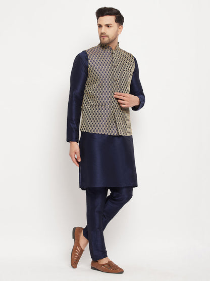 VASTRAMAY Men's BlueSilk Blend Jacket With Kurta Pant Set