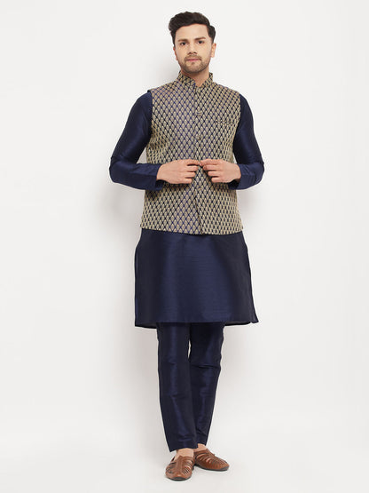 VASTRAMAY Men's BlueSilk Blend Jacket With Kurta Pant Set