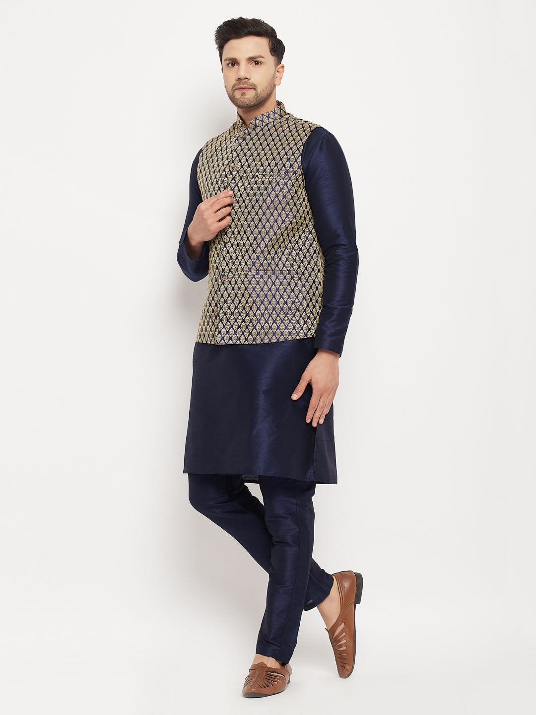 VASTRAMAY Men's BlueSilk Blend Jacket With Kurta Pant Set