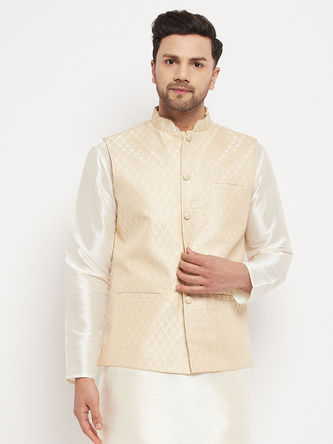 Vastramay Men's Cream Silk Blend Jacket