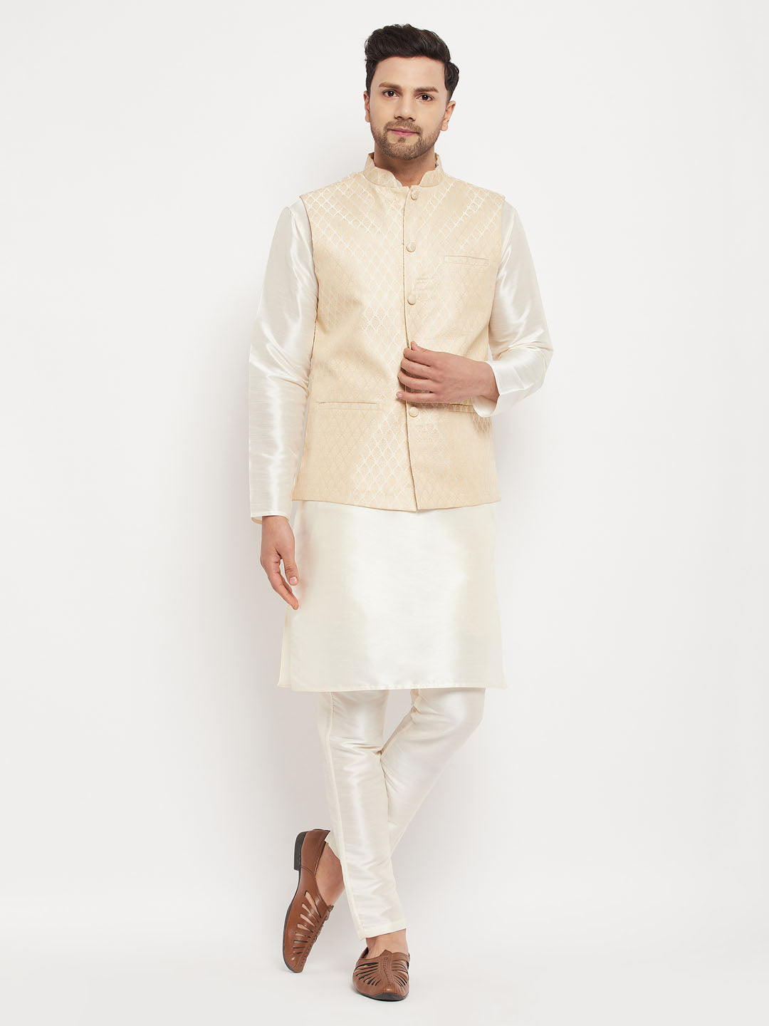 VASTRAMAY Men's Cream Silk Blend Jacket with Kurta Pant Set