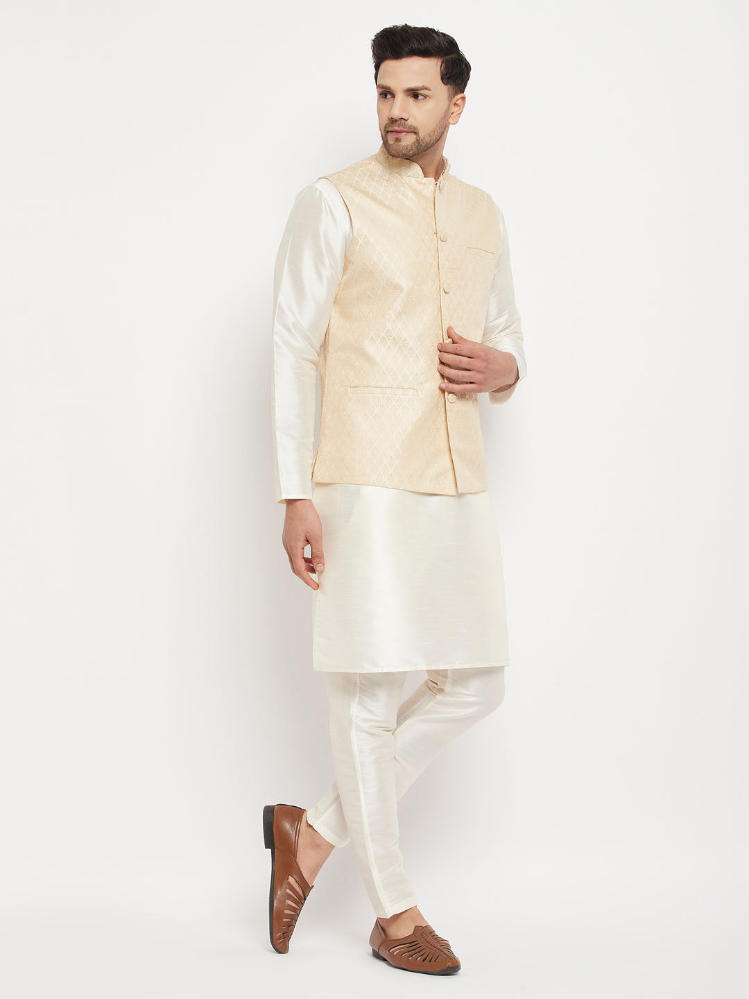 VASTRAMAY Men's Cream Silk Blend Jacket with Kurta Pant Set