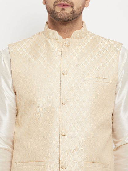 VASTRAMAY Men's Cream Silk Blend Jacket with Kurta Pant Set