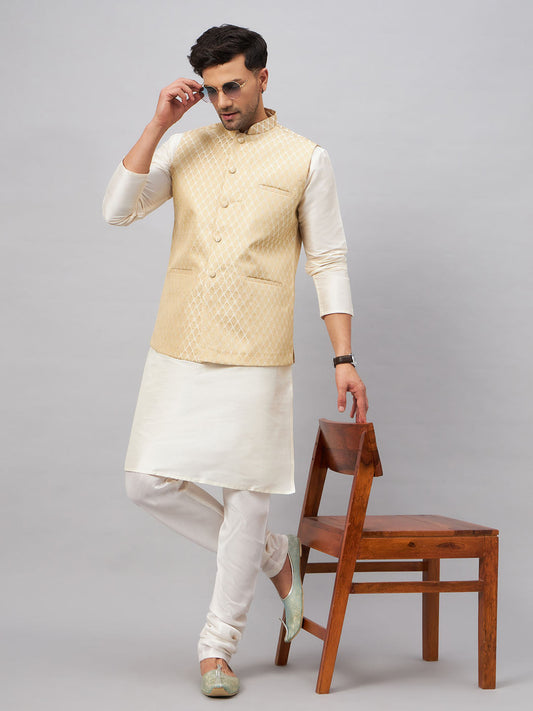 VM BY VASTRAMAY Men's Cream Silk Blend Jacket with Kurta Pyjama Set