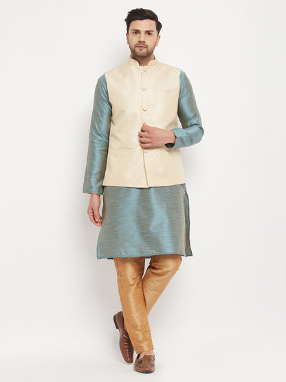 VM BY VASTRAMAY Men's Cream Silk Blend Jacket with Kurta Pant Set