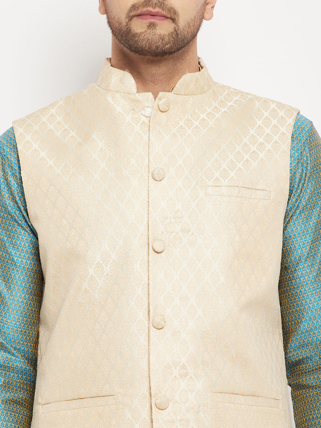 VASTRAMAY Men's Cream Silk Blend Jacket with Kurta Pant Set