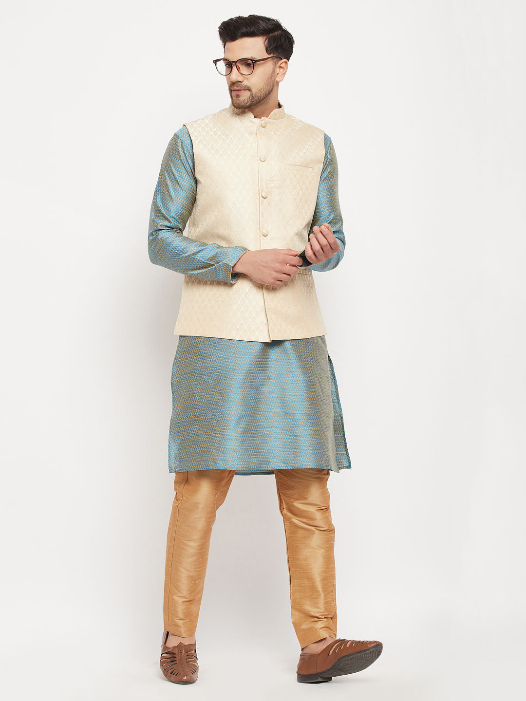 VASTRAMAY Men's Cream Silk Blend Jacket with Kurta Pant Set