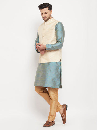 VASTRAMAY Men's Cream Silk Blend Jacket with Kurta Pant Set