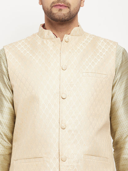 VASTRAMAY Men's Cream Silk Blend Jacket with Kurta Pant Set