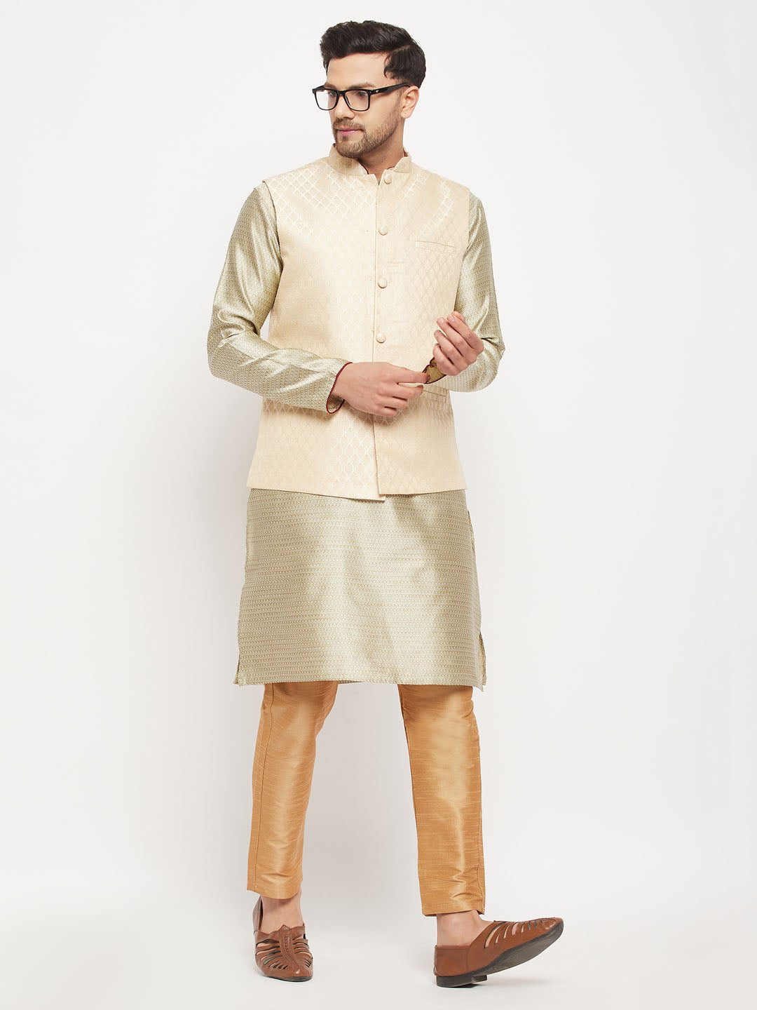 VASTRAMAY Men's Cream Silk Blend Jacket with Kurta Pant Set