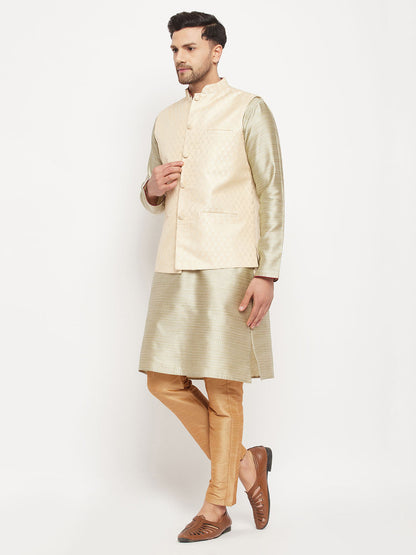 VASTRAMAY Men's Cream Silk Blend Jacket with Kurta Pant Set