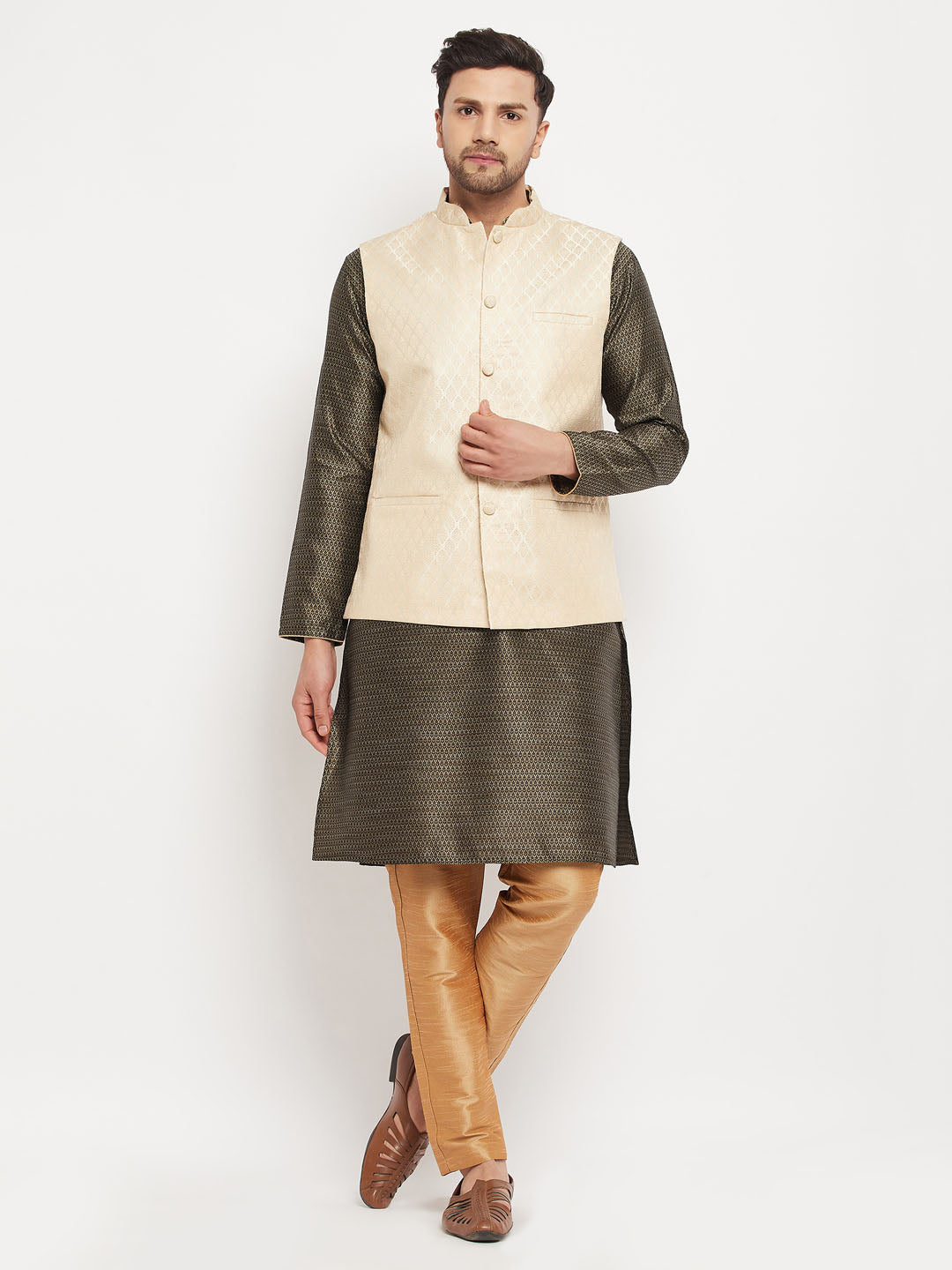 VM BY VASTRAMAY Men's Cream Silk Blend Jacket with Kurta Pant Set