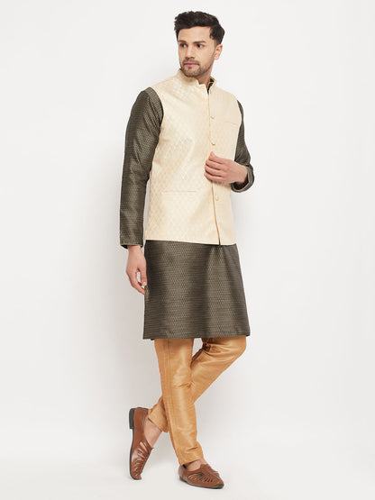 VASTRAMAY Men's Cream Silk Blend Jacket with Kurta Pant Set