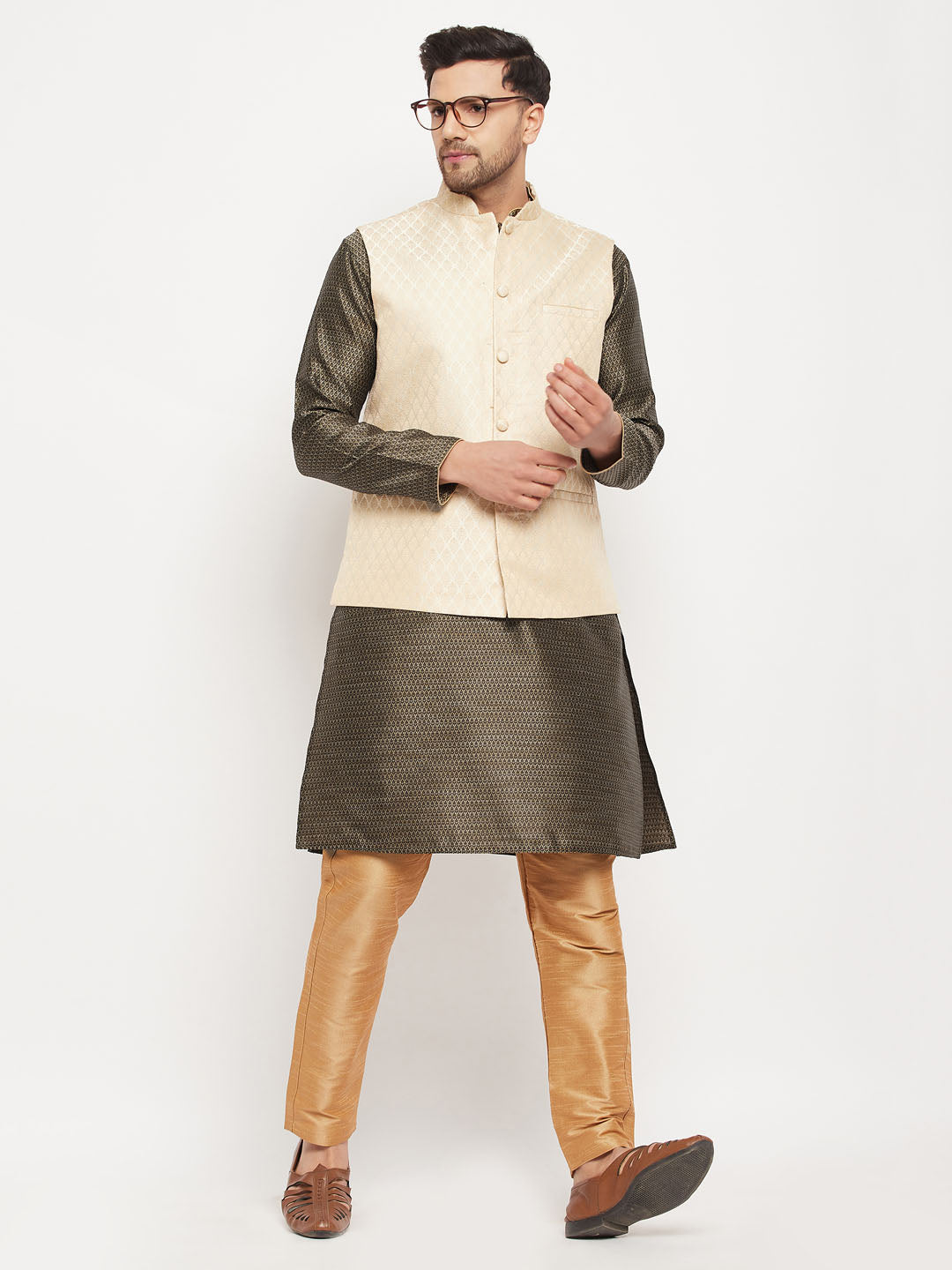 VASTRAMAY Men's Cream Silk Blend Jacket with Kurta Pant Set