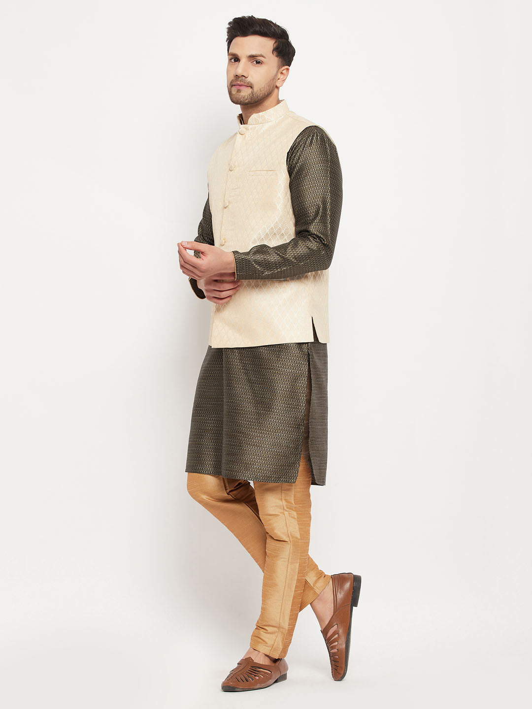 VASTRAMAY Men's Cream Silk Blend Jacket with Kurta Pant Set