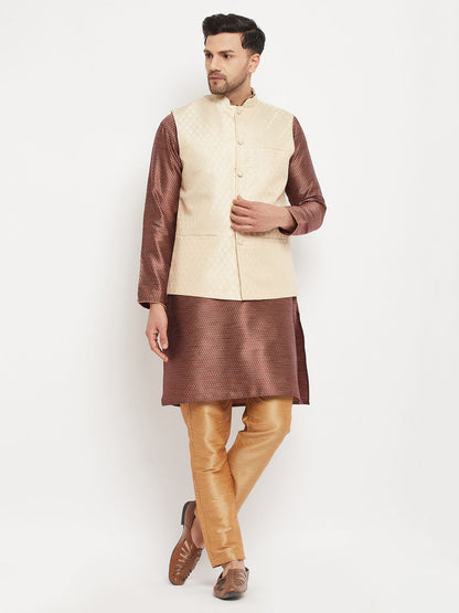 VM BY VASTRAMAY Men's Cream Silk Blend Jacket with Kurta Pant Set