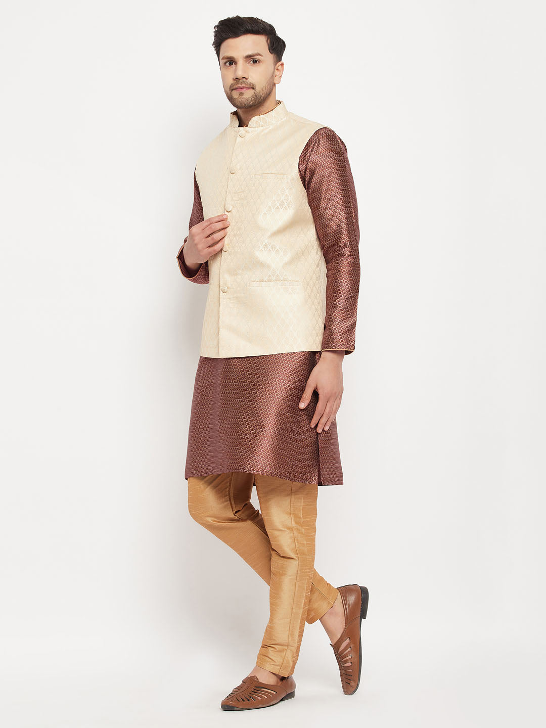 VASTRAMAY Men's Cream Silk Blend Jacket with Kurta Pant Set