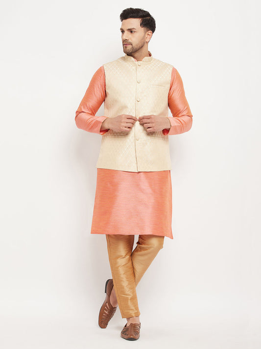 vm by vastramay mens cream ethnic jacket with pink silk blend kurta and rose gold pant style pyjama set
