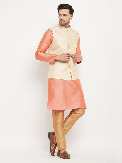 VASTRAMAY Men's Cream Silk Blend Jacket with Kurta Pant Set