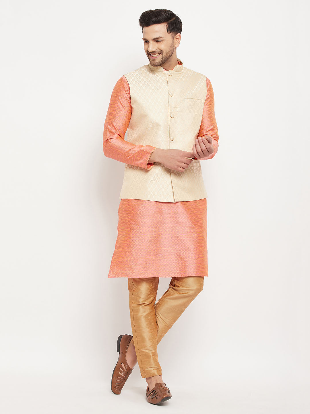 VASTRAMAY Men's Cream Silk Blend Jacket with Kurta Pant Set