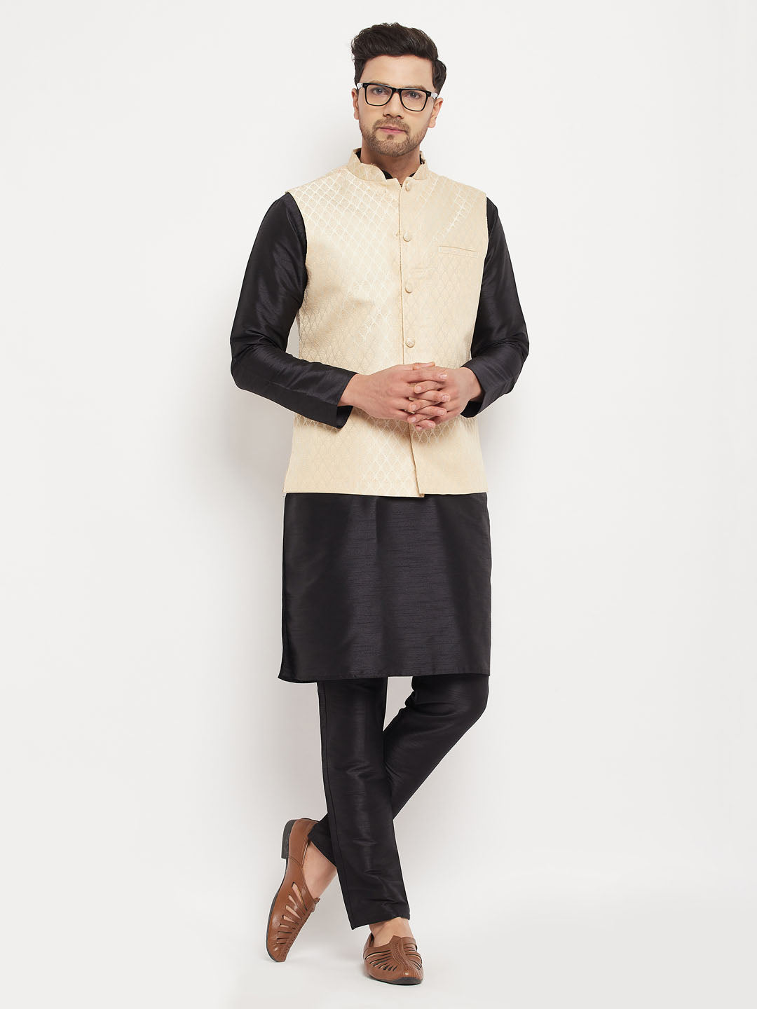 VM BY VASTRAMAY Men's Cream Silk Blend Jacket with Kurta Pant Set