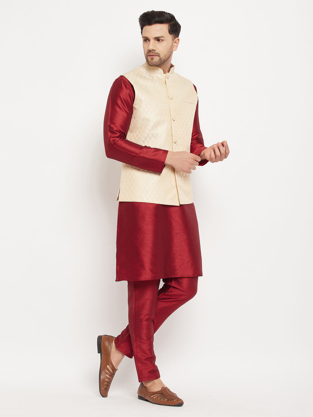 VASTRAMAY Men's Cream Silk Blend Jacket with Kurta Pant Set