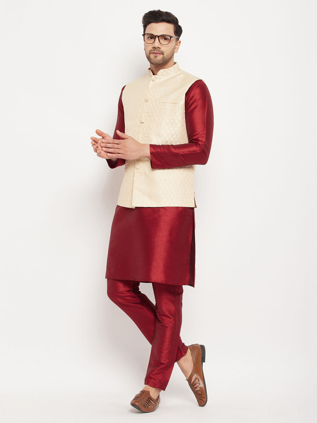 VASTRAMAY Men's Cream Silk Blend Jacket with Kurta Pant Set