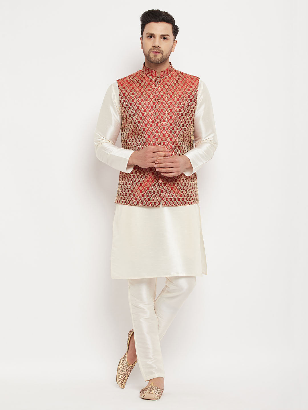 vm by vastramay mens maroon ethnic jacket with cream silk blend kurta and pant style pyjama set