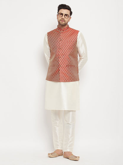 vm by vastramay mens maroon ethnic jacket with cream silk blend kurta and pant style pyjama set