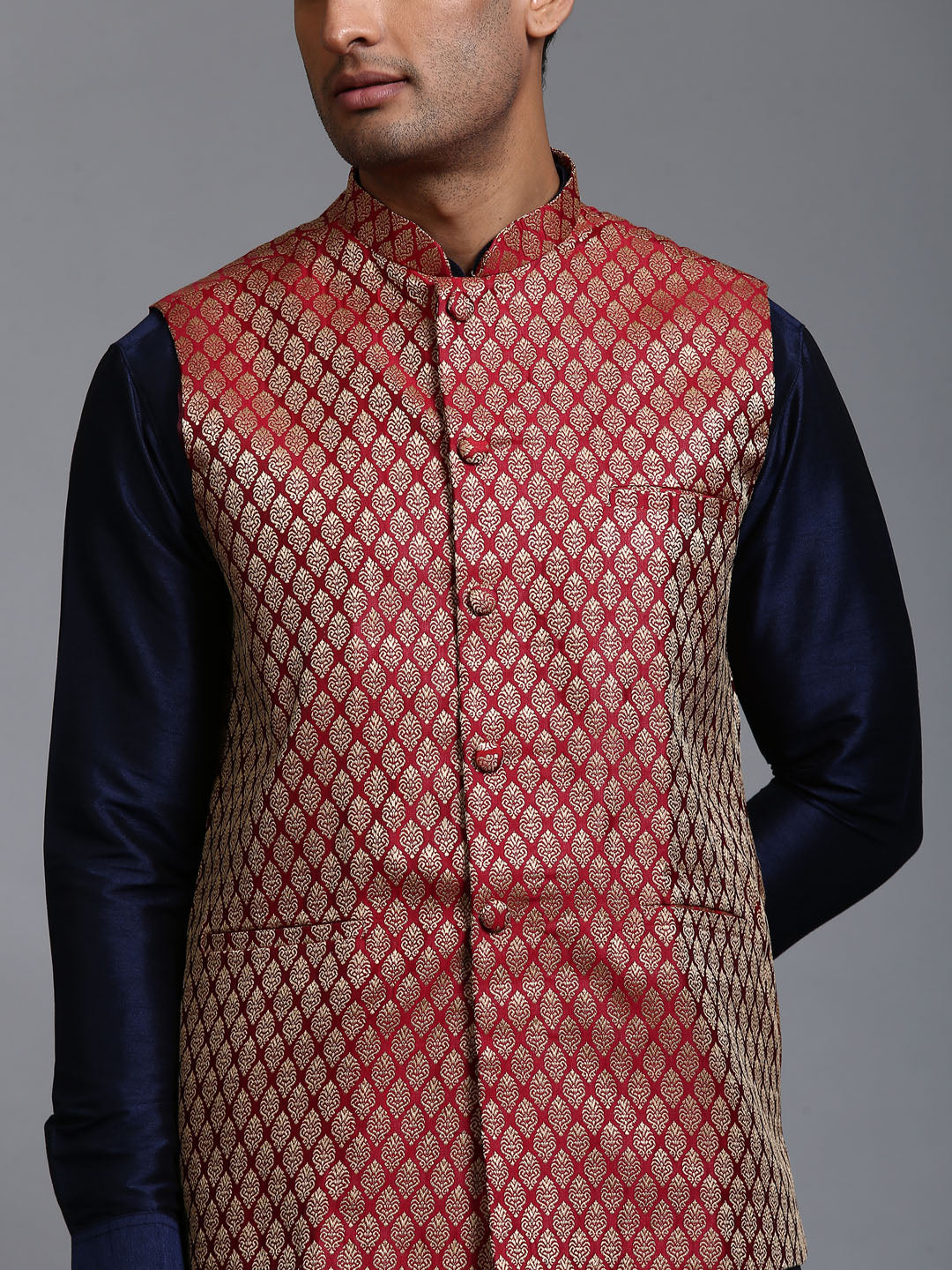 VASTRAMAY Men's Maroon Silk Blend Jacket With Curved Kurta Dhoti Set