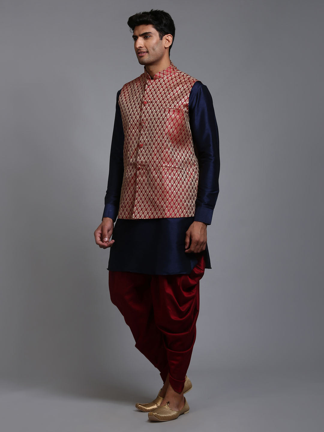 VASTRAMAY Men's Maroon Silk Blend Jacket With Curved Kurta Dhoti Set