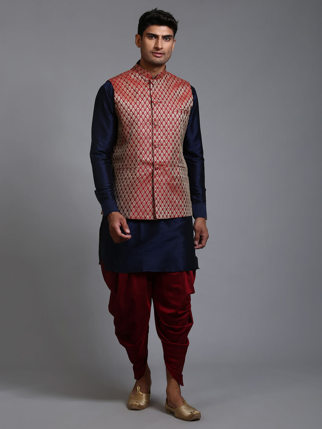 VASTRAMAY Men's Maroon Silk Blend Jacket With Curved Kurta Dhoti Set