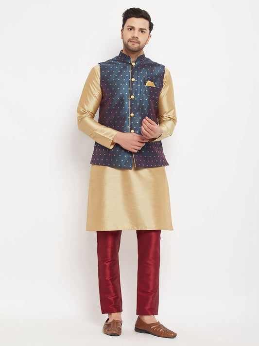 vastramay mens blue silk blend ethnic jacket rose gold kurta and maroon pant style pyjama set 1