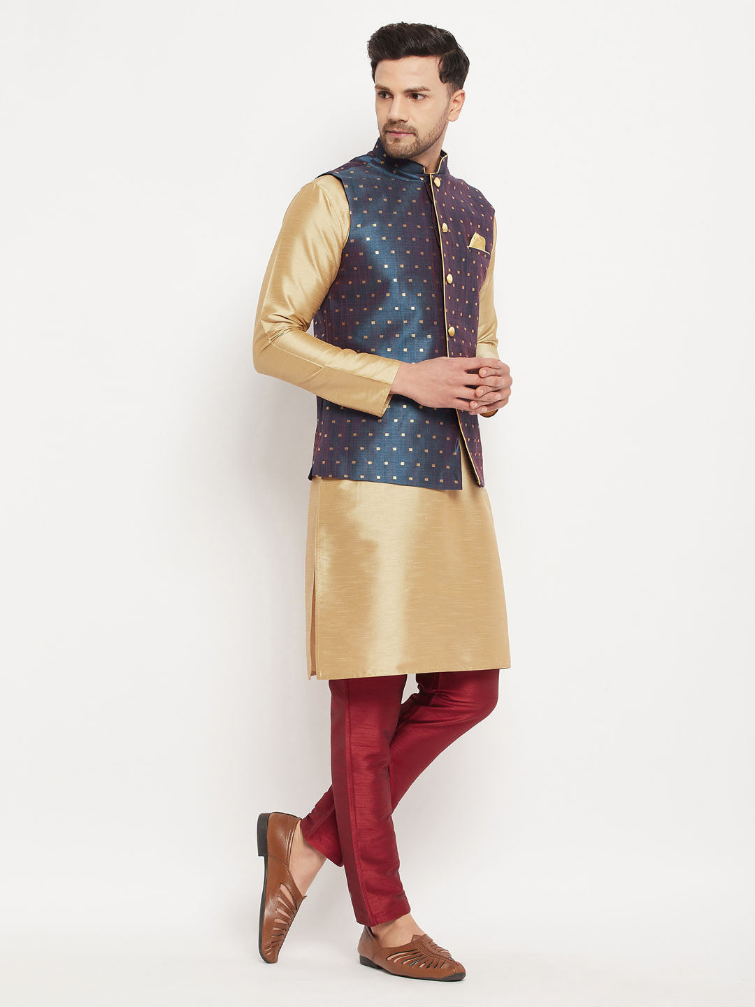 vastramay mens blue silk blend ethnic jacket rose gold kurta and maroon pant style pyjama set 1