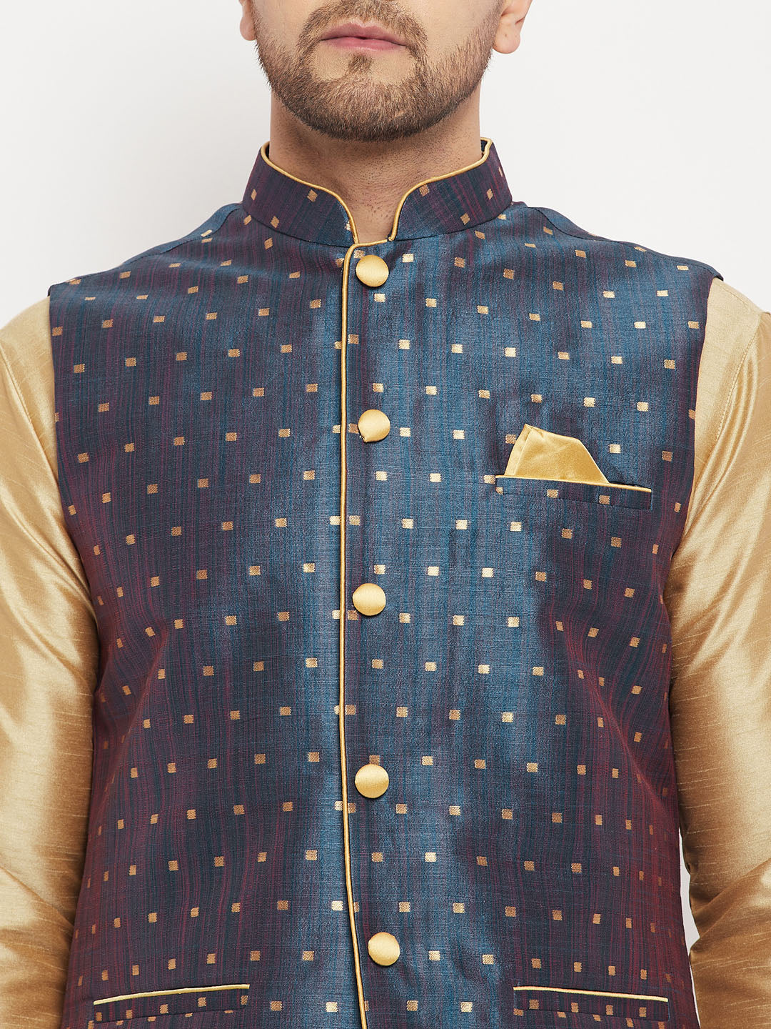 vastramay mens blue silk blend ethnic jacket rose gold kurta and maroon pant style pyjama set 1