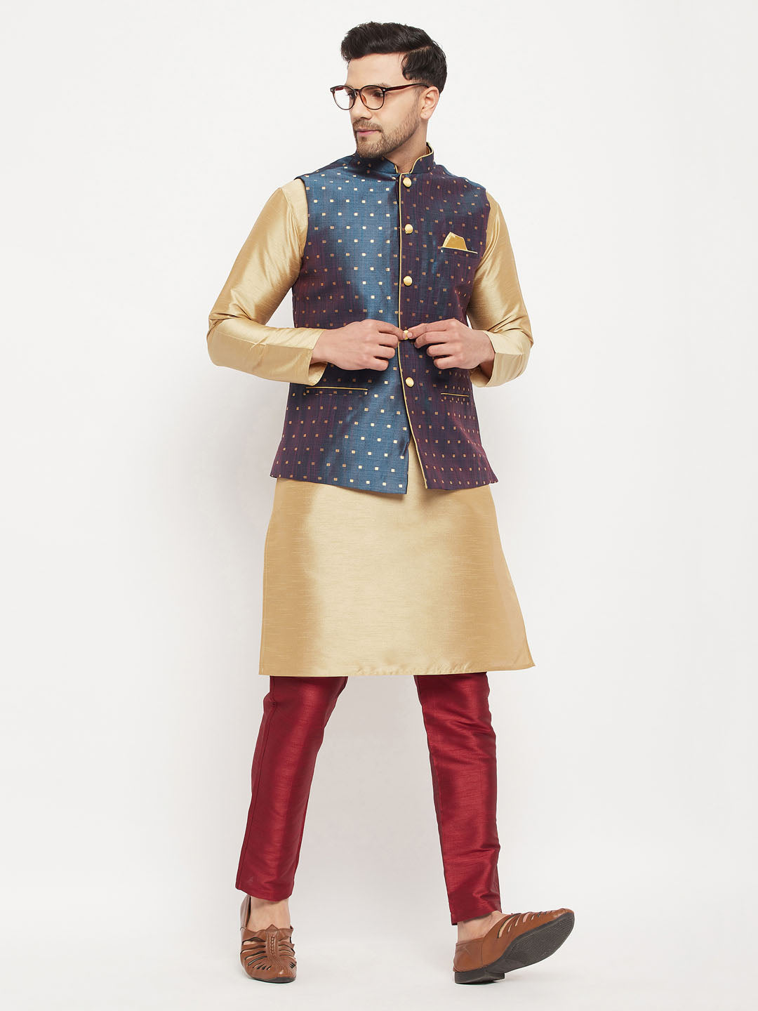 vastramay mens blue silk blend ethnic jacket rose gold kurta and maroon pant style pyjama set 1