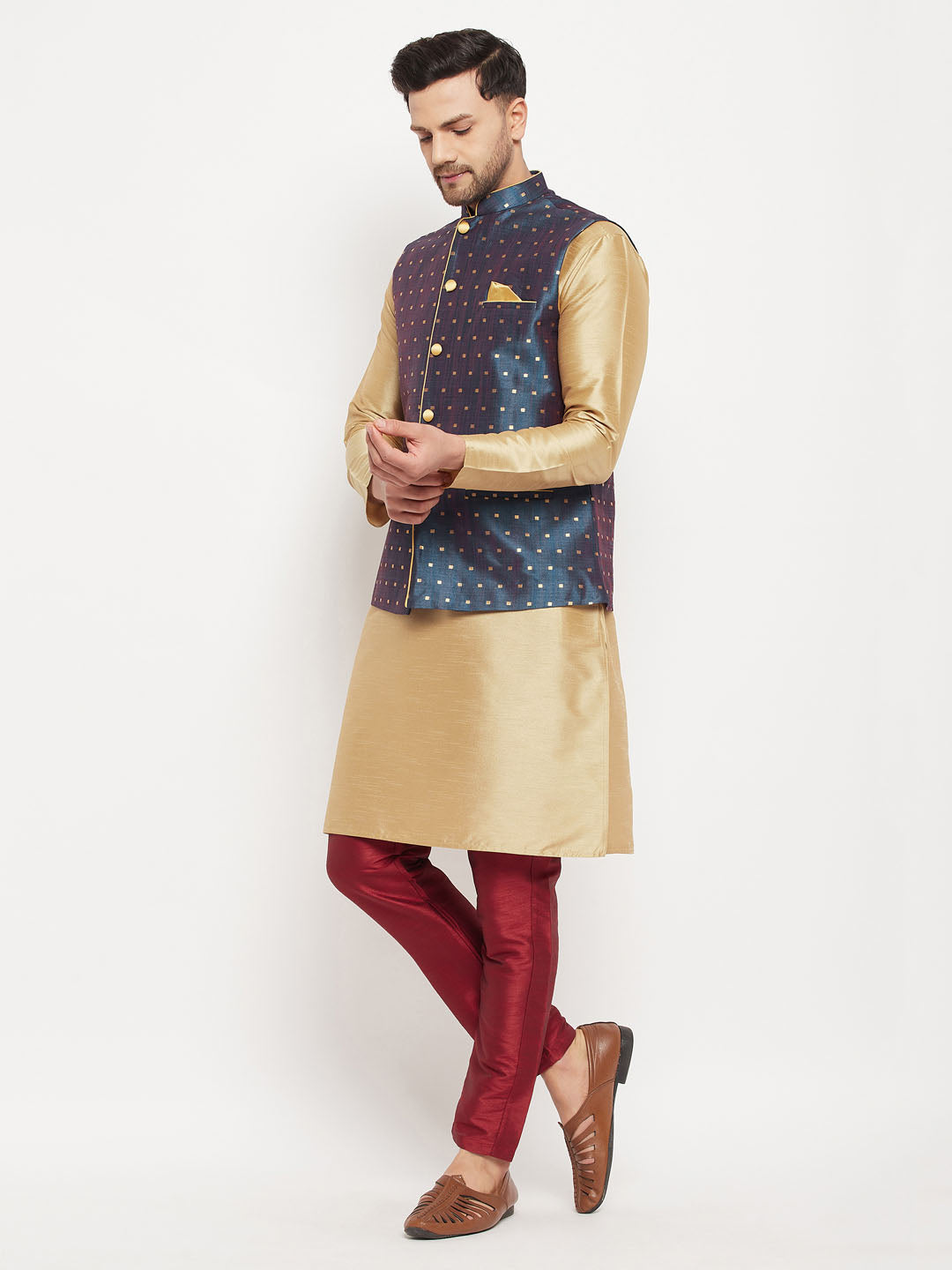 vastramay mens blue silk blend ethnic jacket rose gold kurta and maroon pant style pyjama set 1